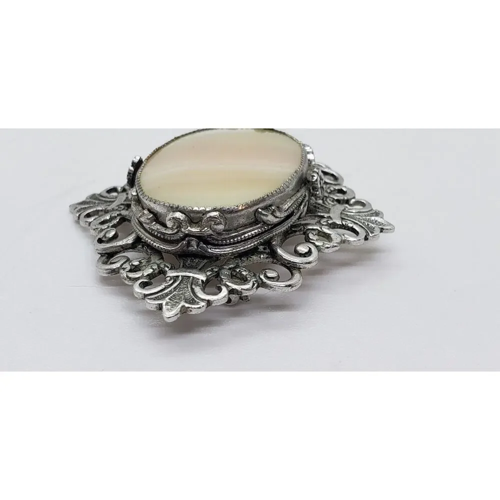 Vintage Whiting Davis Mother of Pearl Brooch Victorian Revival Silver Filagree